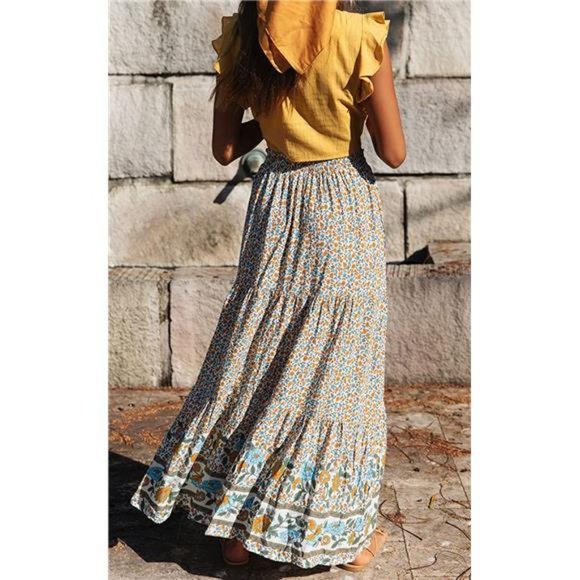 Women's Bohemian Floral Printed Elastic Waist A Line Maxi Skirt with Pockets - Picture 3 of 6